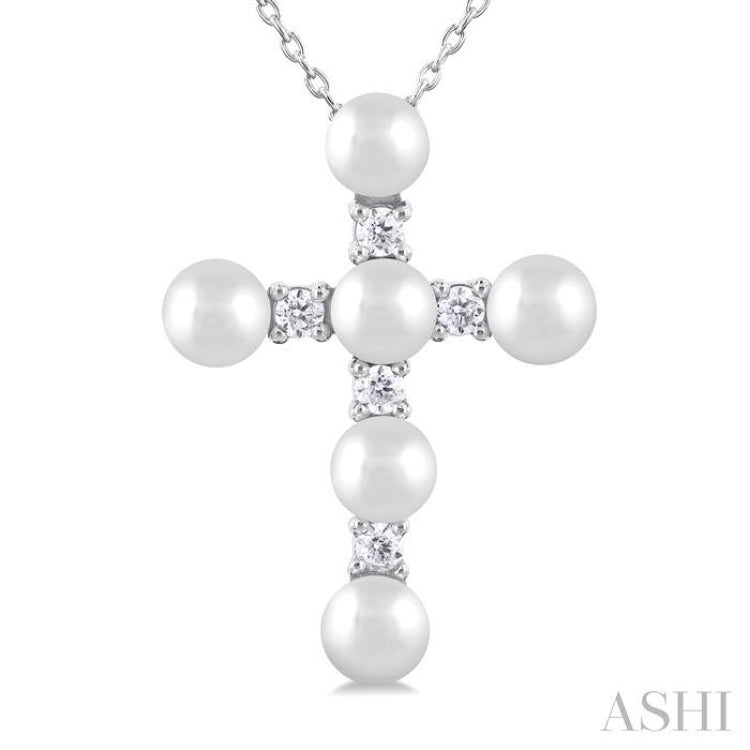 4 MM Cross Cultured Pearl and 1/6 Ctw Round Cut Diamond Fashion Pendant With Chain in 10K White Gold 4 MM Cross Cultured Pearl and 1/6 Ctw Round Cut Diamond Fashion Pendant With Chain in 10K White Gold