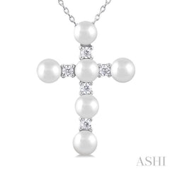 4 MM Cross Cultured Pearl and 1/6 Ctw Round Cut Diamond Fashion Pendant With Chain in 10K White Gold 4 MM Cross Cultured Pearl and 1/6 Ctw Round Cut Diamond Fashion Pendant With Chain in 10K White Gold