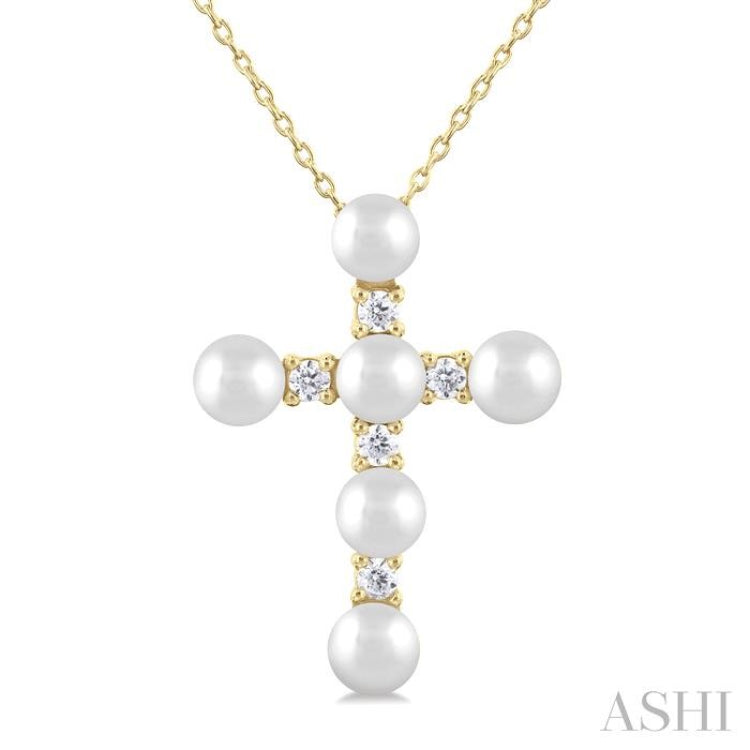 4 MM Cross Cultured Pearl and 1/6 Ctw Round Cut Diamond Fashion Pendant With Chain in 10K Yellow Gold 4 MM Cross Cultured Pearl and 1/6 Ctw Round Cut Diamond Fashion Pendant With Chain in 10K Yellow Gold