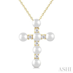 4 MM Cross Cultured Pearl and 1/6 Ctw Round Cut Diamond Fashion Pendant With Chain in 10K Yellow Gold 4 MM Cross Cultured Pearl and 1/6 Ctw Round Cut Diamond Fashion Pendant With Chain in 10K Yellow Gold