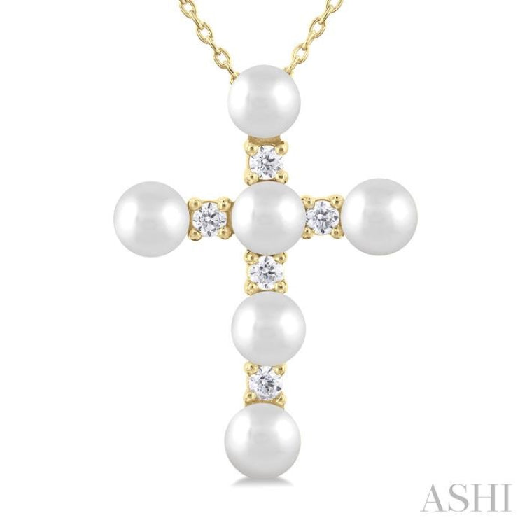 4 MM Cross Cultured Pearl and 1/6 Ctw Round Cut Diamond Fashion Pendant With Chain in 10K Yellow Gold 4 MM Cross Cultured Pearl and 1/6 Ctw Round Cut Diamond Fashion Pendant With Chain in 10K Yellow Gold