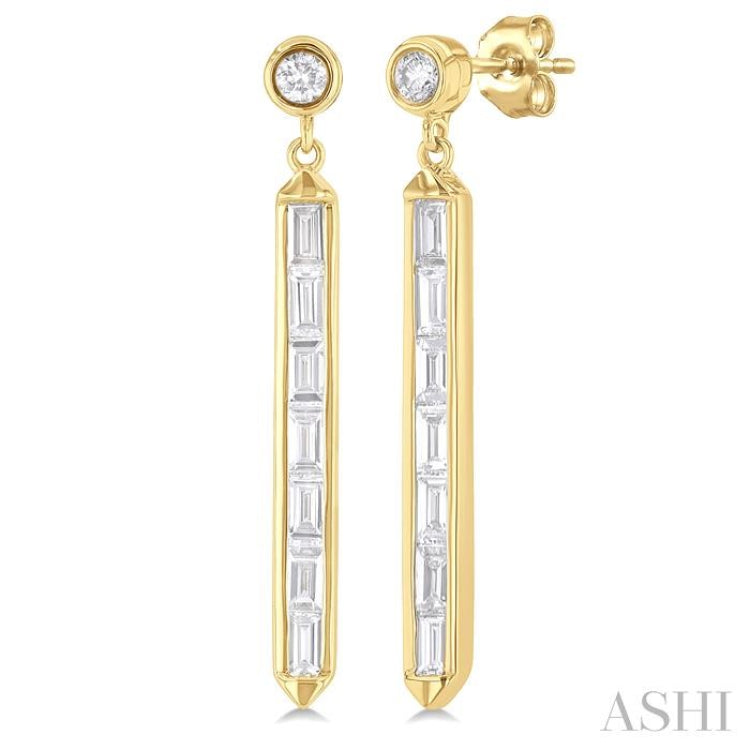 5/8 Ctw Vertical Bar Baguette and Round Cut Diamond Long Fashion Earrings in 14K Yellow Gold 5/8 Ctw Vertical Bar Baguette and Round Cut Diamond Long Fashion Earrings in 14K Yellow Gold