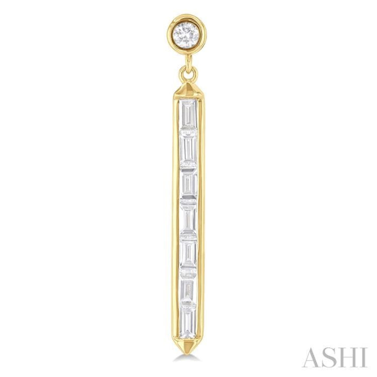 5/8 Ctw Vertical Bar Baguette and Round Cut Diamond Long Fashion Earrings in 14K Yellow Gold 5/8 Ctw Vertical Bar Baguette and Round Cut Diamond Long Fashion Earrings in 14K Yellow Gold
