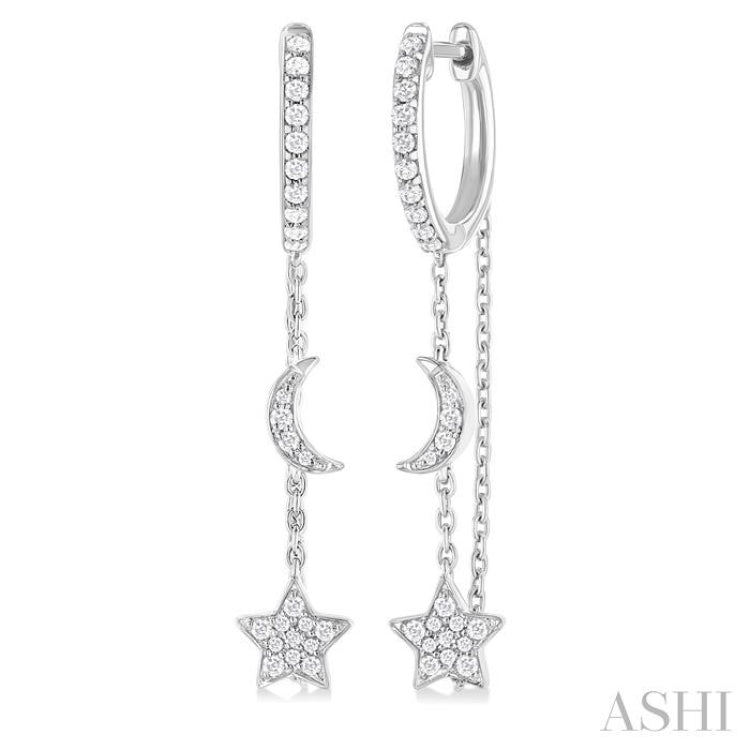 1/3 ctw Crescent Moon & Star Round Cut Diamond Chain Dangler Hoop Earring in 10K White Gold 1/3 ctw Crescent Moon & Star Round Cut Diamond Chain Dangler Hoop Earring in 10K White Gold