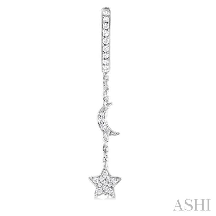 1/3 ctw Crescent Moon & Star Round Cut Diamond Chain Dangler Hoop Earring in 10K White Gold 1/3 ctw Crescent Moon & Star Round Cut Diamond Chain Dangler Hoop Earring in 10K White Gold
