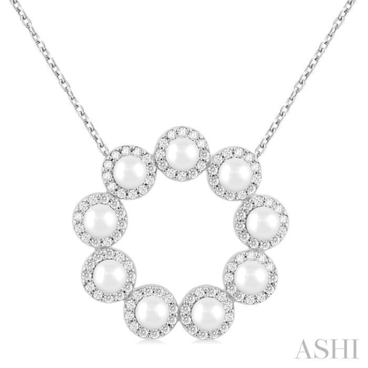 3 MM Round Shape Cultured Pearl and 1/3 Ctw Round Cut Diamond Halo Pendant With Chain in 14K White Gold 3 MM Round Shape Cultured Pearl and 1/3 Ctw Round Cut Diamond Halo Pendant With Chain in 14K White Gold