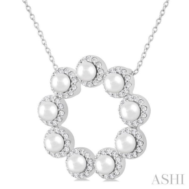 3 MM Round Shape Cultured Pearl and 1/3 Ctw Round Cut Diamond Halo Pendant With Chain in 14K White Gold 3 MM Round Shape Cultured Pearl and 1/3 Ctw Round Cut Diamond Halo Pendant With Chain in 14K White Gold