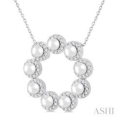 3 MM Round Shape Cultured Pearl and 1/3 Ctw Round Cut Diamond Halo Pendant With Chain in 14K White Gold 3 MM Round Shape Cultured Pearl and 1/3 Ctw Round Cut Diamond Halo Pendant With Chain in 14K White Gold