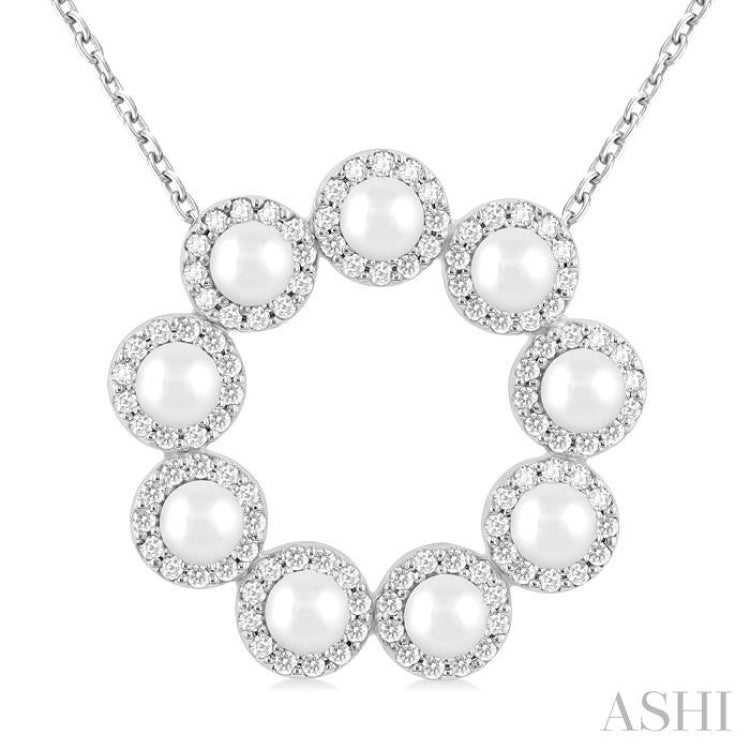 3 MM Round Shape Cultured Pearl and 1/3 Ctw Round Cut Diamond Halo Pendant With Chain in 14K White Gold 3 MM Round Shape Cultured Pearl and 1/3 Ctw Round Cut Diamond Halo Pendant With Chain in 14K White Gold