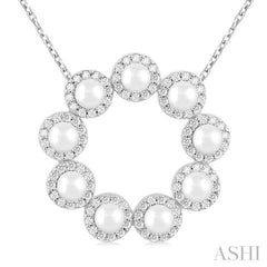 3 MM Round Shape Cultured Pearl and 1/3 Ctw Round Cut Diamond Halo Pendant With Chain in 14K White Gold 3 MM Round Shape Cultured Pearl and 1/3 Ctw Round Cut Diamond Halo Pendant With Chain in 14K White Gold