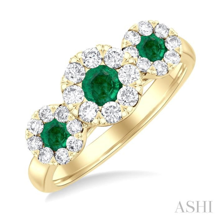 3.8 MM & 3 MM Emerald and 5/8 Ctw Round Cut Diamond Precious Lovebright Past, Present and Future Ring in 14K Yellow Gold 3.8 MM & 3 MM Emerald and 5/8 Ctw Round Cut Diamond Precious Lovebright Past, Present and Future Ring in 14K Yellow Gold