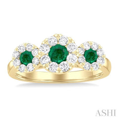 3.8 MM & 3 MM Emerald and 5/8 Ctw Round Cut Diamond Precious Lovebright Past, Present and Future Ring in 14K Yellow Gold 3.8 MM & 3 MM Emerald and 5/8 Ctw Round Cut Diamond Precious Lovebright Past, Present and Future Ring in 14K Yellow Gold