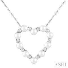 3 MM Round Shape Cultured Pearl and 1/5 Ctw Round Cut Diamond Heart Shape Pendant With Chain in 14K White Gold 3 MM Round Shape Cultured Pearl and 1/5 Ctw Round Cut Diamond Heart Shape Pendant With Chain in 14K White Gold