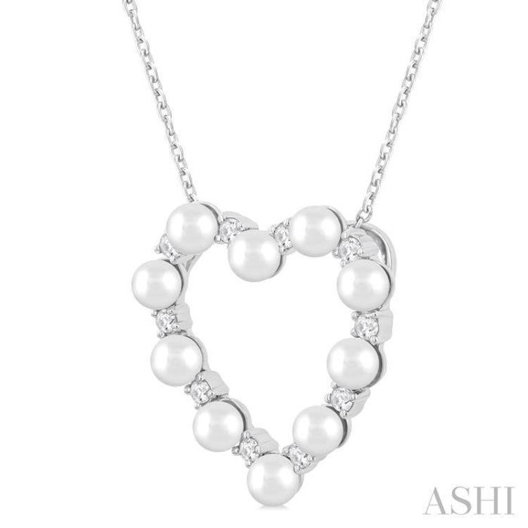 3 MM Round Shape Cultured Pearl and 1/5 Ctw Round Cut Diamond Heart Shape Pendant With Chain in 14K White Gold 3 MM Round Shape Cultured Pearl and 1/5 Ctw Round Cut Diamond Heart Shape Pendant With Chain in 14K White Gold