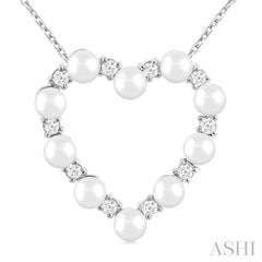 3 MM Round Shape Cultured Pearl and 1/5 Ctw Round Cut Diamond Heart Shape Pendant With Chain in 14K White Gold 3 MM Round Shape Cultured Pearl and 1/5 Ctw Round Cut Diamond Heart Shape Pendant With Chain in 14K White Gold