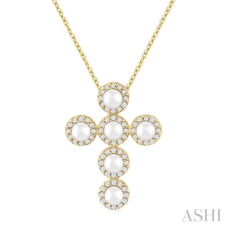 4 MM Round Shape Cultured Pearl and 1/4 Ctw Round Cut Diamond Cross Pendant With Chain in 14K Yellow Gold 4 MM Round Shape Cultured Pearl and 1/4 Ctw Round Cut Diamond Cross Pendant With Chain in 14K Yellow Gold