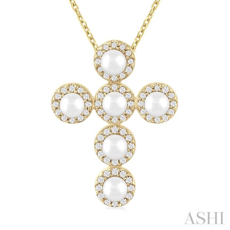 4 MM Round Shape Cultured Pearl and 1/4 Ctw Round Cut Diamond Cross Pendant With Chain in 14K Yellow Gold 4 MM Round Shape Cultured Pearl and 1/4 Ctw Round Cut Diamond Cross Pendant With Chain in 14K Yellow Gold