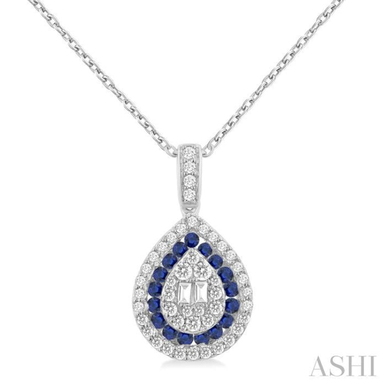 1.25 MM & 1.45 MM Pear Shape Sapphire and 1/4 Ctw Baguette and Round Cut Diamond Precious Pendant With Chain in 14K White Gold 1.25 MM & 1.45 MM Pear Shape Sapphire and 1/4 Ctw Baguette and Round Cut Diamond Precious Pendant With Chain in 14K White Gold