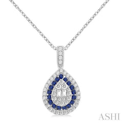 1.25 MM & 1.45 MM Pear Shape Sapphire and 1/4 Ctw Baguette and Round Cut Diamond Precious Pendant With Chain in 14K White Gold 1.25 MM & 1.45 MM Pear Shape Sapphire and 1/4 Ctw Baguette and Round Cut Diamond Precious Pendant With Chain in 14K White Gold