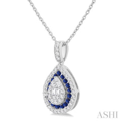1.25 MM & 1.45 MM Pear Shape Sapphire and 1/4 Ctw Baguette and Round Cut Diamond Precious Pendant With Chain in 14K White Gold 1.25 MM & 1.45 MM Pear Shape Sapphire and 1/4 Ctw Baguette and Round Cut Diamond Precious Pendant With Chain in 14K White Gold