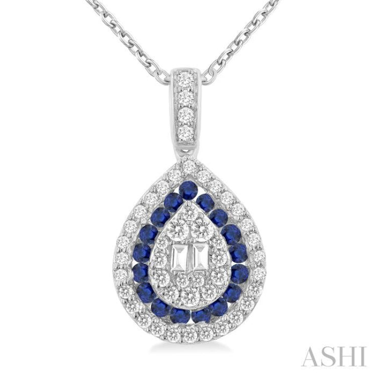 1.25 MM & 1.45 MM Pear Shape Sapphire and 1/4 Ctw Baguette and Round Cut Diamond Precious Pendant With Chain in 14K White Gold 1.25 MM & 1.45 MM Pear Shape Sapphire and 1/4 Ctw Baguette and Round Cut Diamond Precious Pendant With Chain in 14K White Gold