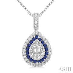 1.25 MM & 1.45 MM Pear Shape Sapphire and 1/4 Ctw Baguette and Round Cut Diamond Precious Pendant With Chain in 14K White Gold 1.25 MM & 1.45 MM Pear Shape Sapphire and 1/4 Ctw Baguette and Round Cut Diamond Precious Pendant With Chain in 14K White Gold
