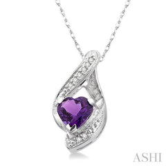 7 MM Heart Shape Amethyst and 1/20 Ctw Single Cut Diamond Semi-Precious Pendant in 14K White Gold with Chain 7 MM Heart Shape Amethyst and 1/20 Ctw Single Cut Diamond Semi-Precious Pendant in 14K White Gold with Chain