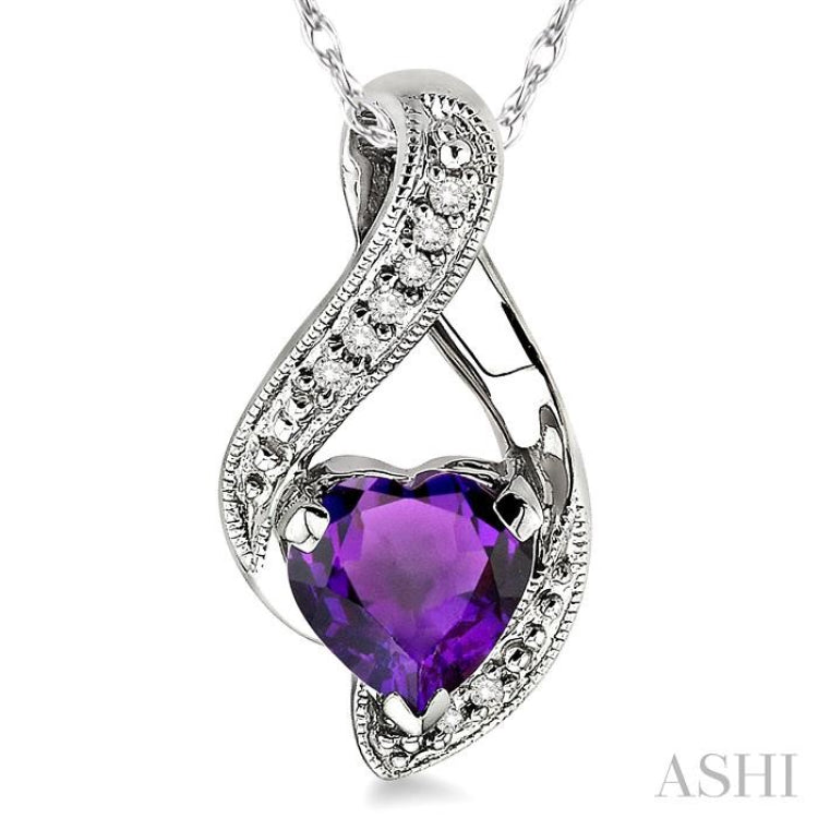 7 MM Heart Shape Amethyst and 1/20 Ctw Single Cut Diamond Semi-Precious Pendant in 14K White Gold with Chain 7 MM Heart Shape Amethyst and 1/20 Ctw Single Cut Diamond Semi-Precious Pendant in 14K White Gold with Chain