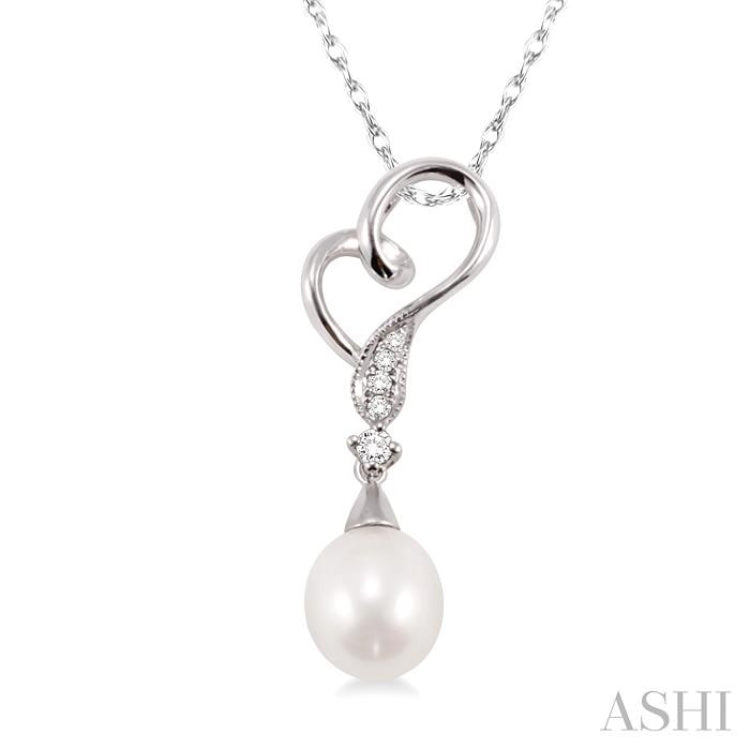9x7 MM Briolette Cut Cultured Pearl and 1/20 Ctw Round Cut Diamond Drop Pendant in 10K White Gold with Chain 9x7 MM Briolette Cut Cultured Pearl and 1/20 Ctw Round Cut Diamond Drop Pendant in 10K White Gold with Chain