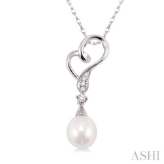 9x7 MM Briolette Cut Cultured Pearl and 1/20 Ctw Round Cut Diamond Drop Pendant in 10K White Gold with Chain 9x7 MM Briolette Cut Cultured Pearl and 1/20 Ctw Round Cut Diamond Drop Pendant in 10K White Gold with Chain