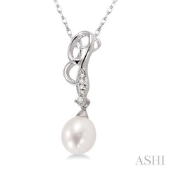 9x7 MM Briolette Cut Cultured Pearl and 1/20 Ctw Round Cut Diamond Drop Pendant in 10K White Gold with Chain 9x7 MM Briolette Cut Cultured Pearl and 1/20 Ctw Round Cut Diamond Drop Pendant in 10K White Gold with Chain