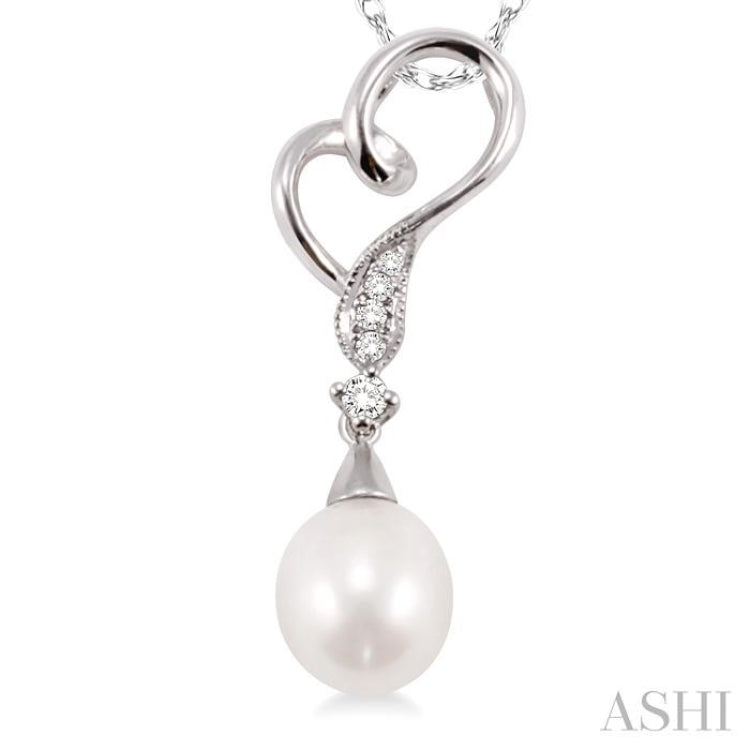 9x7 MM Briolette Cut Cultured Pearl and 1/20 Ctw Round Cut Diamond Drop Pendant in 10K White Gold with Chain 9x7 MM Briolette Cut Cultured Pearl and 1/20 Ctw Round Cut Diamond Drop Pendant in 10K White Gold with Chain
