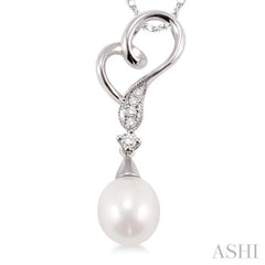 9x7 MM Briolette Cut Cultured Pearl and 1/20 Ctw Round Cut Diamond Drop Pendant in 10K White Gold with Chain 9x7 MM Briolette Cut Cultured Pearl and 1/20 Ctw Round Cut Diamond Drop Pendant in 10K White Gold with Chain