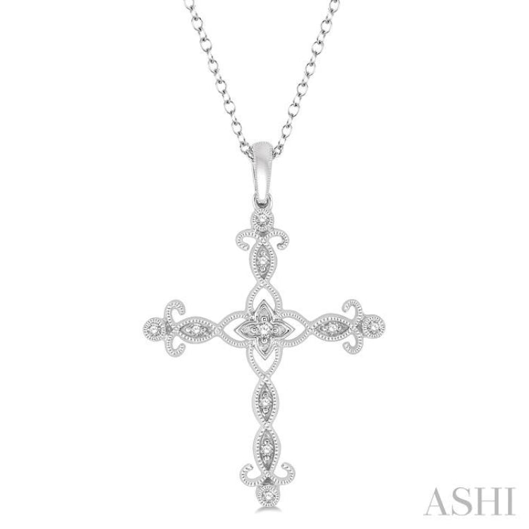 1/10 Ctw Marquise & Floral Lattice Cross Round Cut Diamond Pendant With Link Chain in 10K White Gold 1/10 Ctw Marquise & Floral Lattice Cross Round Cut Diamond Pendant With Link Chain in 10K White Gold