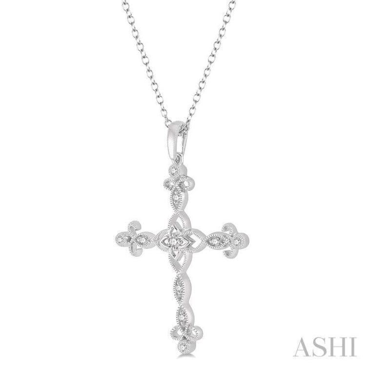 1/10 Ctw Marquise & Floral Lattice Cross Round Cut Diamond Pendant With Link Chain in 10K White Gold 1/10 Ctw Marquise & Floral Lattice Cross Round Cut Diamond Pendant With Link Chain in 10K White Gold