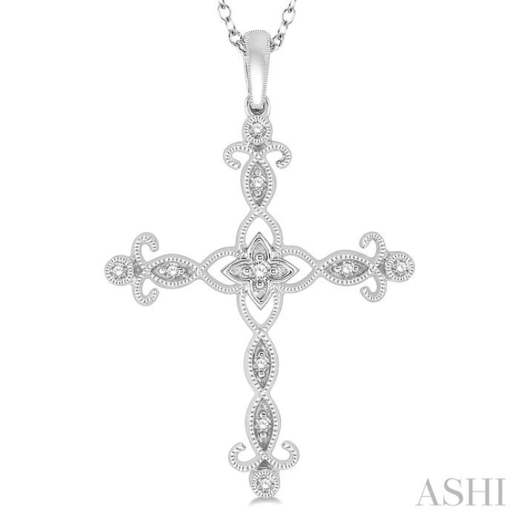 1/10 Ctw Marquise & Floral Lattice Cross Round Cut Diamond Pendant With Link Chain in 10K White Gold 1/10 Ctw Marquise & Floral Lattice Cross Round Cut Diamond Pendant With Link Chain in 10K White Gold