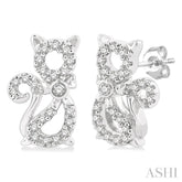 1/8 Ctw Petite Cat Motif Round Cut Diamond Fashion Stud Earring in 10K White Gold
