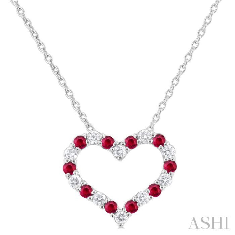 1.4 MM Round Cut Ruby and 1/8 Ctw Open Heart Round Cut Diamond Precious Fashion Pendant With Chain in 14K White Gold 1.4 MM Round Cut Ruby and 1/8 Ctw Open Heart Round Cut Diamond Precious Fashion Pendant With Chain in 14K White Gold
