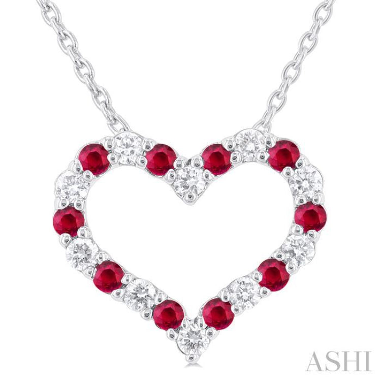 1.4 MM Round Cut Ruby and 1/8 Ctw Open Heart Round Cut Diamond Precious Fashion Pendant With Chain in 14K White Gold 1.4 MM Round Cut Ruby and 1/8 Ctw Open Heart Round Cut Diamond Precious Fashion Pendant With Chain in 14K White Gold
