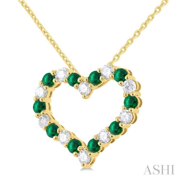 2.3 MM Round Cut Emerald and 1/2 Ctw Open Heart Round Cut Diamond Precious Fashion Pendant With Chain in 14K Yellow Gold 2.3 MM Round Cut Emerald and 1/2 Ctw Open Heart Round Cut Diamond Precious Fashion Pendant With Chain in 14K Yellow Gold