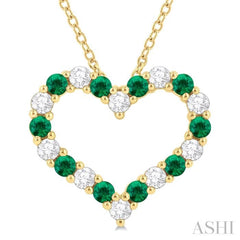 2.3 MM Round Cut Emerald and 1/2 Ctw Open Heart Round Cut Diamond Precious Fashion Pendant With Chain in 14K Yellow Gold 2.3 MM Round Cut Emerald and 1/2 Ctw Open Heart Round Cut Diamond Precious Fashion Pendant With Chain in 14K Yellow Gold