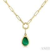 6x4 MM Pear Cut Emerald Solitaire Precious Paperclip Pendant With Chain in 14K Yellow Gold