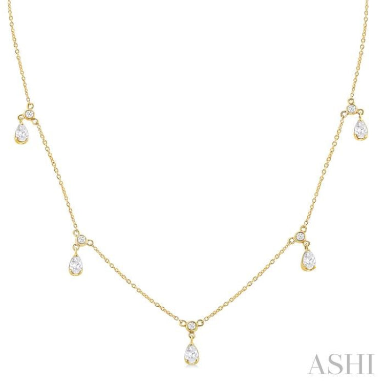 5/8 Ctw Dangle Pear and Round Cut Diamond Station Necklace in 14K Yellow Gold 5/8 Ctw Dangle Pear and Round Cut Diamond Station Necklace in 14K Yellow Gold