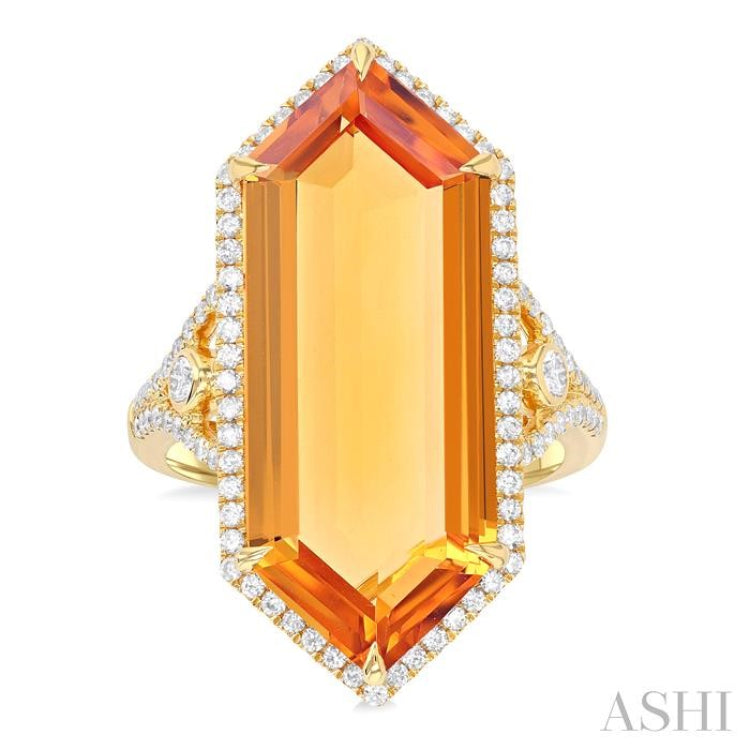 26x10 MM Hexagon Shape Citrine and 1/2 Ctw Round Cut Diamond Halo Semi-Precious Ring in 14K Yellow Gold 26x10 MM Hexagon Shape Citrine and 1/2 Ctw Round Cut Diamond Halo Semi-Precious Ring in 14K Yellow Gold