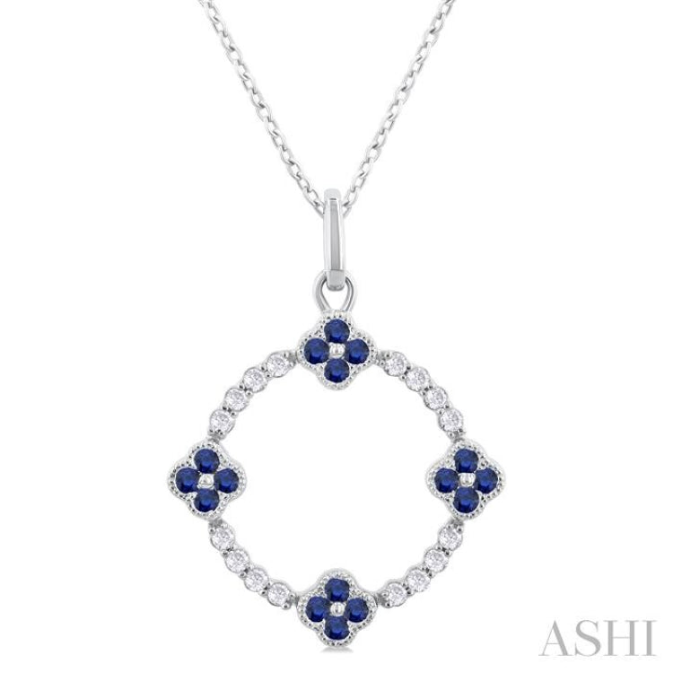 1.25 MM Clover Circle Sapphire and 1/8 Ctw Round Cut Diamond Precious Pendant With Chain in 10K White Gold 1.25 MM Clover Circle Sapphire and 1/8 Ctw Round Cut Diamond Precious Pendant With Chain in 10K White Gold