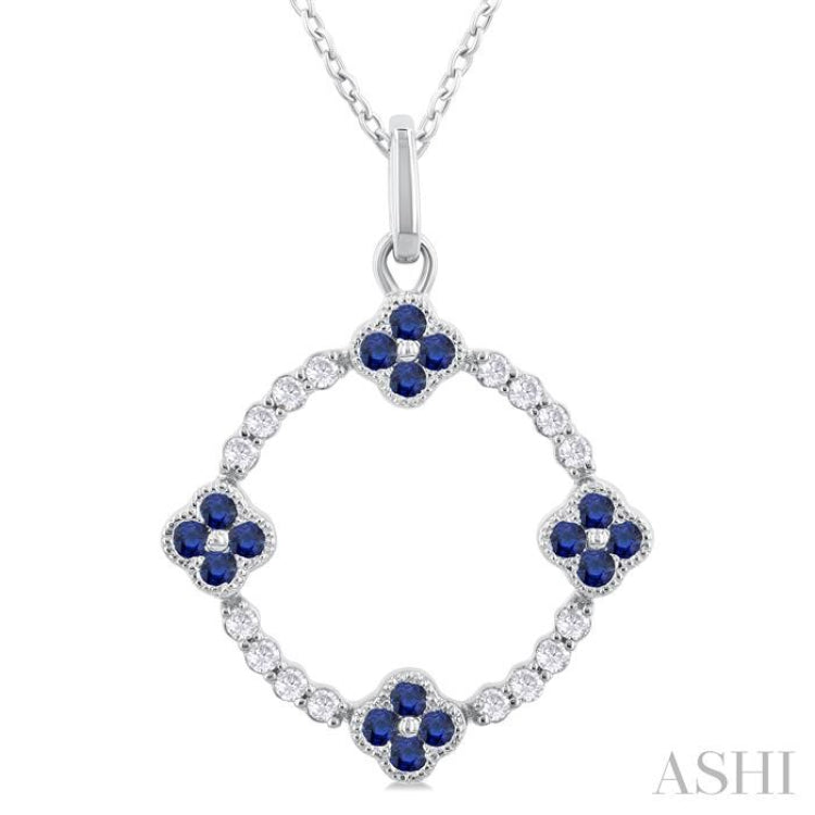 1.25 MM Clover Circle Sapphire and 1/8 Ctw Round Cut Diamond Precious Pendant With Chain in 10K White Gold 1.25 MM Clover Circle Sapphire and 1/8 Ctw Round Cut Diamond Precious Pendant With Chain in 10K White Gold