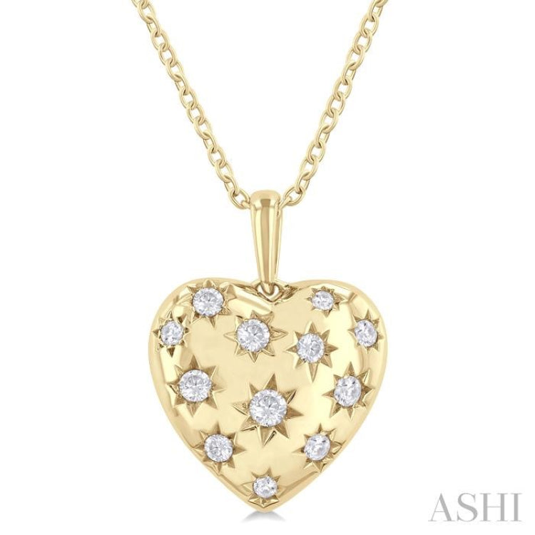1/6 Ctw Bold Star Engraved Puffed Heart Round Cut Diamond Fashion Pendant With Chain in 10K Yellow Gold 1/6 Ctw Bold Star Engraved Puffed Heart Round Cut Diamond Fashion Pendant With Chain in 10K Yellow Gold