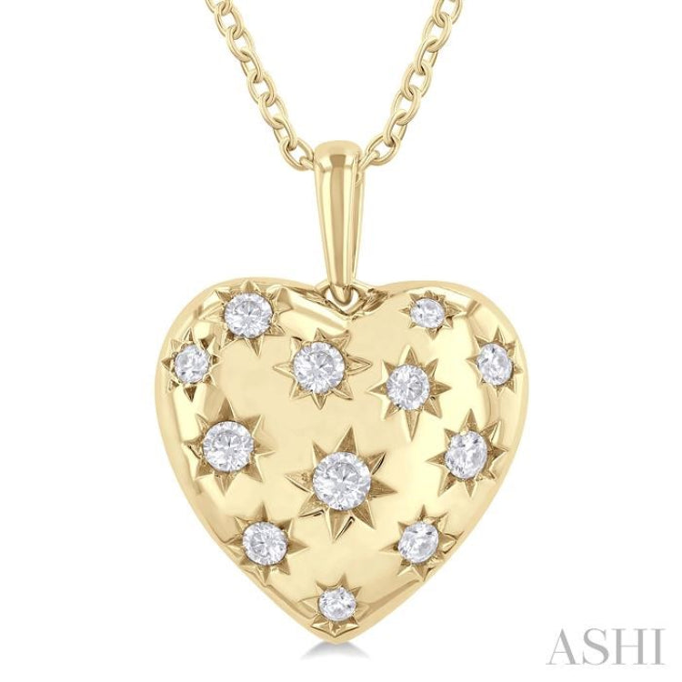 1/6 Ctw Bold Star Engraved Puffed Heart Round Cut Diamond Fashion Pendant With Chain in 10K Yellow Gold 1/6 Ctw Bold Star Engraved Puffed Heart Round Cut Diamond Fashion Pendant With Chain in 10K Yellow Gold