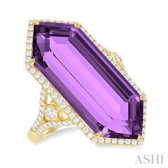 26x10 MM Hexagon Shape Amethyst and 1/2 Ctw Round Cut Diamond Halo Semi-Precious Ring in 14K Yellow Gold 26x10 MM Hexagon Shape Amethyst and 1/2 Ctw Round Cut Diamond Halo Semi-Precious Ring in 14K Yellow Gold