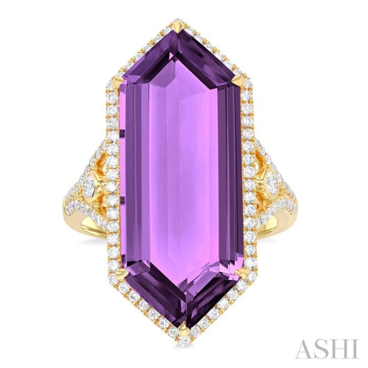 26x10 MM Hexagon Shape Amethyst and 1/2 Ctw Round Cut Diamond Halo Semi-Precious Ring in 14K Yellow Gold 26x10 MM Hexagon Shape Amethyst and 1/2 Ctw Round Cut Diamond Halo Semi-Precious Ring in 14K Yellow Gold